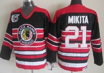 Chicago Blackhawks #21 Stan Mikita Black Pinstripe 75TH Throwback CCM Jersey Chicago Blackhawks #21 Stan Mikita Black Pinstripe 75TH Throwback CCM Jersey