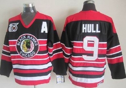 Chicago Blackhawks #9 Bobby Hull Black Pinstripe 75TH Throwback CCM Jersey Chicago Blackhawks #9 Bobby Hull Black Pinstripe 75TH Throwback CCM Jersey