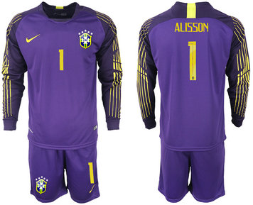 Brazil 1 ALISSON Purple Long Sleeve Goalkeeper Soccer Jersey Brazil 1 ALISSON Purple Long Sleeve Goalkeeper Soccer Jersey
