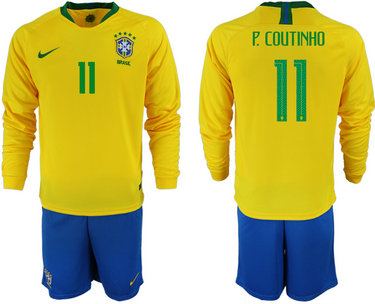 Brazil 11 P. COUTINHO Home 2018 FIFA World Cup Long Sleeve Soccer Jersey