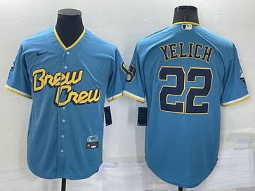 Brewers 22 Christian Yelich Blue Nike 2022 City Connect Cool Base Jerseys