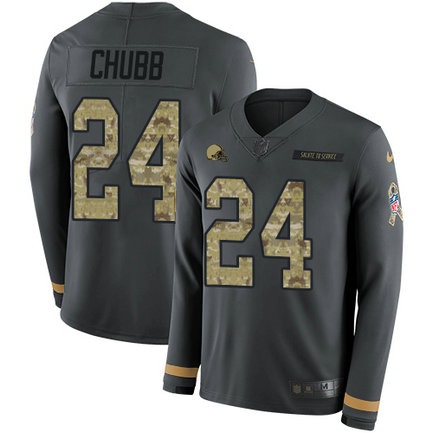 Browns #24 Nick Chubb Anthracite Salute to Service Men's Stitched Football Limited Therma Long Sleeve Jersey Browns #24 Nick Chubb Anthracite Salute to Service Men's Stitched Football Limited Therma Long Sleeve Jersey