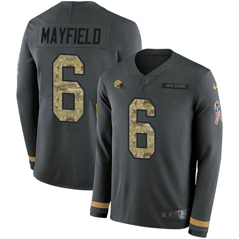 Browns #6 Baker Mayfield Anthracite Salute to Service Men's Stitched Football Limited Therma Long Sleeve Jersey Browns #6 Baker Mayfield Anthracite Salute to Service Men's Stitched Football Limited Therma Long Sleeve Jersey