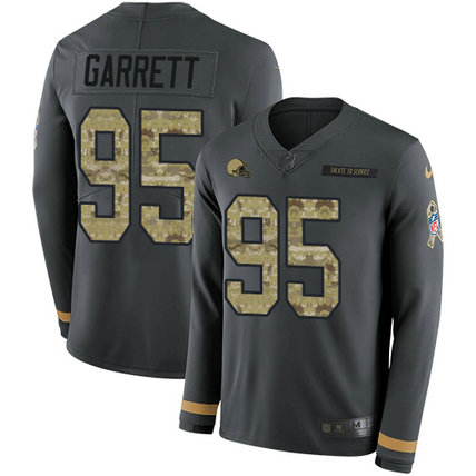 Browns #95 Myles Garrett Anthracite Salute to Service Men's Stitched Football Limited Therma Long Sleeve Jersey Browns #95 Myles Garrett Anthracite Salute to Service Men's Stitched Football Limited Therma Long Sleeve Jersey