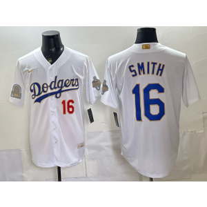 Los Angeles Dodgers 16 Smith 2026 White Gold Champion Cool Base Men Jersey Los Angeles Dodgers 16 Smith 2026 White Gold Champion Cool Base Men Jersey