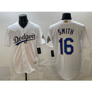 Los Angeles Dodgers 16 Will Smith White 2026 Gold Champion Cool Base Men Jersey Los Angeles Dodgers 16 Will Smith White 2026 Gold Champion Cool Base Men Jersey