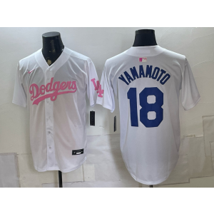 Los Angeles Dodgers 18 Yamamoto White Pink Men Jersey