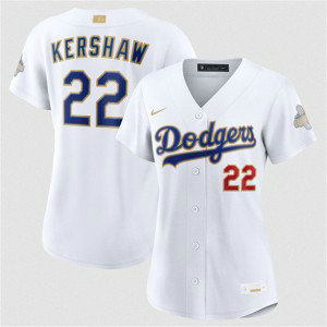 Los Angeles Dodgers 22 Clayton Kershaw White 2026 Gold Champion Cool Base Women Jersey Los Angeles Dodgers 22 Clayton Kershaw White 2026 Gold Champion Cool Base Women Jersey