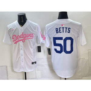 Los Angeles Dodgers 50 Betts White Pink Men Jersey