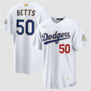Los Angeles Dodgers 50 Mookie Betts White 2026 Gold Champion Cool Base Men Jersey Los Angeles Dodgers 50 Mookie Betts White 2026 Gold Champion Cool Base Men Jersey