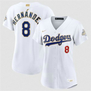 Los Angeles Dodgers 8 Enrique Hernández White 2026 Gold Champion Cool Base Women Jersey Los Angeles Dodgers 8 Enrique Hernández White 2026 Gold Champion Cool Base Women Jersey