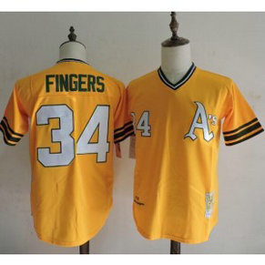 MLB Athletics 34 Rollie Fingers Cooperstown Yellow Mitchell and Ness Men Jersey