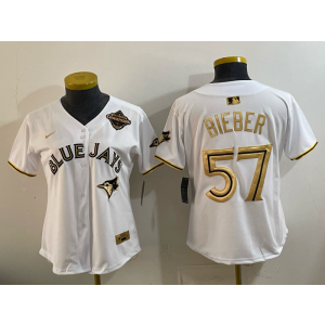 MLB Blue Jays 57 Bieber White Gold 2025 World Series Champion Nike Cool Base Women Jersey