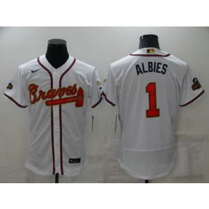MLB Braves 1 ALBIES 2022 White Gold Nike Flexbase Men Jersey MLB Braves 1 ALBIES 2022 White Gold Nike Flexbase Men Jersey
