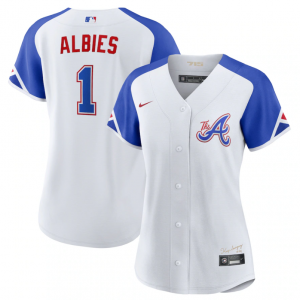 MLB Braves 1 Ozzie Albies White 2023 City Connect Nike Cool Base Women Jersey(Run Small) MLB Braves 1 Ozzie Albies White 2023 City Connect Nike Cool Base Women Jersey(Run Small)