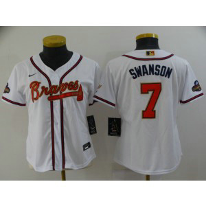 MLB Braves 7 Dansby Swanson 2022 White Gold Nike Cool Base Women Jersey MLB Braves 7 Dansby Swanson 2022 White Gold Nike Cool Base Women Jersey