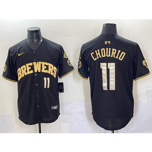 MLB Brewers 11 Chourio Black Gold Nike Cool Base Men Jersey