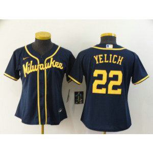 MLB Brewers 22 Christian Yelich Navy 2020 Nike Cool Base Women Jersey