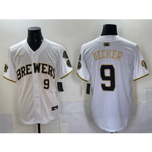 MLB Brewers 9 Uecker White Gold Nike Cool Base Men Jersey