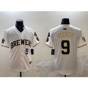 MLB Brewers 9 Uecker White Gold Nike Cool Base Men Jersey