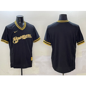MLB Brewers Blank Black Gold Nike Cool Base Men Jersey