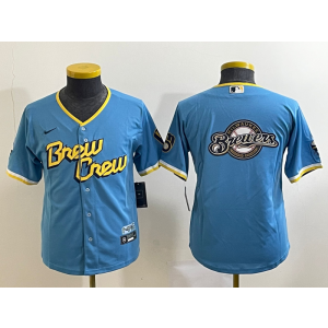 MLB Brewers Blank Blue 2021 City Connect Baseball Logo Nike Cool Base Youth Jersey