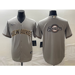 MLB Brewers Blank Grey Baseball Logo Nike Cool Base Men Jersey