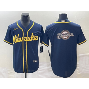 MLB Brewers Blank Navy Baseball Logo Nike Cool Base Men Jersey