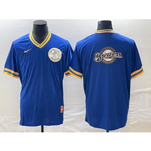 MLB Brewers Blank Navy Blue Baseball Logo Nike Throwback Men Jersey
