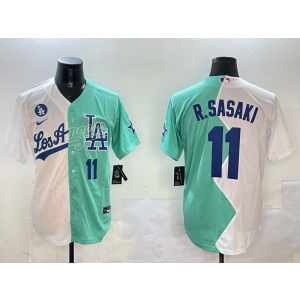 MLB Dodgers 11 R.Sasaki White Green Split Nike Cool Base Men Jersey MLB Dodgers 11 R.Sasaki White Green Split Nike Cool Base Men Jersey