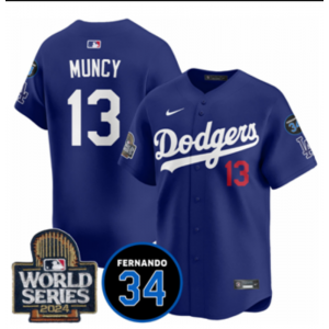 MLB Dodgers 13 Max Muncy Blue 2024 World Series Nike Cool Base Men Jersey with 34 Patch MLB Dodgers 13 Max Muncy Blue 2024 World Series Nike Cool Base Men Jersey with 34 Patch
