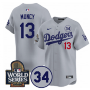 MLB Dodgers 13 Max Muncy Gray 2024 World Series Nike Cool Base Men Jersey with 34 Patch MLB Dodgers 13 Max Muncy Gray 2024 World Series Nike Cool Base Men Jersey with 34 Patch