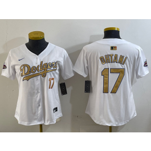 MLB Dodgers 17 Shohei Ohtani 2025 White Gold Collection Nike Cool Base Women Jersey MLB Dodgers 17 Shohei Ohtani 2025 White Gold Collection Nike Cool Base Women Jersey