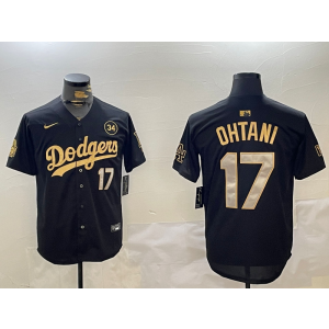 MLB Dodgers 17 Shohei Ohtani Black Gold 2024 World Series Nike Cool Base Men Jersey with 34 Patch MLB Dodgers 17 Shohei Ohtani Black Gold 2024 World Series Nike Cool Base Men Jersey with 34 Patch