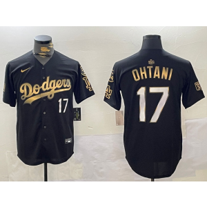MLB Dodgers 17 Shohei Ohtani Black Gold 2024 World Series Nike Cool Base Men Jersey with 34 Patch MLB Dodgers 17 Shohei Ohtani Black Gold 2024 World Series Nike Cool Base Men Jersey with 34 Patch