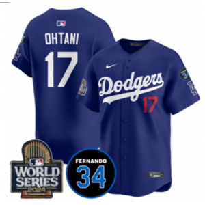 MLB Dodgers 17 Shohei Ohtani Blue 2024 World Series Nike Cool Base Men Jersey with 34 Patch MLB Dodgers 17 Shohei Ohtani Blue 2024 World Series Nike Cool Base Men Jersey with 34 Patch