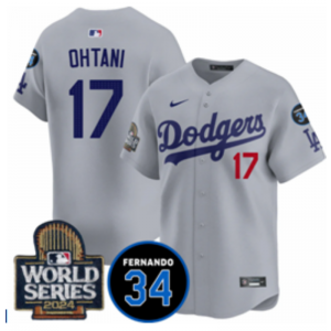 MLB Dodgers 17 Shohei Ohtani Gray 2024 World Series Nike Cool Base Men Jersey with 34 Patch MLB Dodgers 17 Shohei Ohtani Gray 2024 World Series Nike Cool Base Men Jersey with 34 Patch