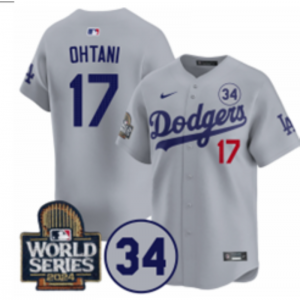 MLB Dodgers 17 Shohei Ohtani Grey 2024 World Series Nike Cool Base Men Jersey with 34 Patch MLB Dodgers 17 Shohei Ohtani Grey 2024 World Series Nike Cool Base Men Jersey with 34 Patch