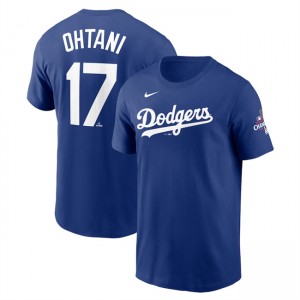 MLB Dodgers 17 Shohei Ohtani Royal 2024 World Series Champions Name & Number T-Shirt