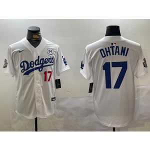 MLB Dodgers 17 Shohei Ohtani White 2024 World Series Nike Cool Base Men Jersey with 34 Patch MLB Dodgers 17 Shohei Ohtani White 2024 World Series Nike Cool Base Men Jersey with 34 Patch