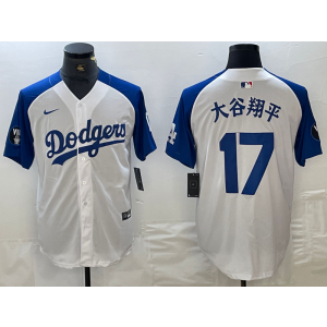 MLB Dodgers 17 Shohei Ohtani White Blue Nike Cool Base Men Jersey MLB Dodgers 17 Shohei Ohtani White Blue Nike Cool Base Men Jersey