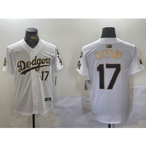 MLB Dodgers 17 Shohei Ohtani White Gold 2024 World Series Cool Base Men Jersey with 34 Patch MLB Dodgers 17 Shohei Ohtani White Gold 2024 World Series Cool Base Men Jersey with 34 Patch