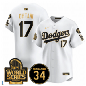 MLB Dodgers 17 Shohei Ohtani White Gold 2024 World Series Nike Cool Base Men Jersey with 34 Patch MLB Dodgers 17 Shohei Ohtani White Gold 2024 World Series Nike Cool Base Men Jersey with 34 Patch