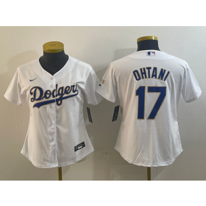 MLB Dodgers 17 Shohei Ohtani White Gold Nike Cool Base Women Jersey MLB Dodgers 17 Shohei Ohtani White Gold Nike Cool Base Women Jersey
