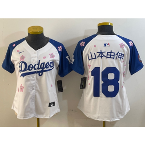 MLB Dodgers 18 山本由伸 White Blue 2025 Tokyo Series Nike Cool Base Women Jersey MLB Dodgers 18 山本由伸 White Blue 2025 Tokyo Series Nike Cool Base Women Jersey
