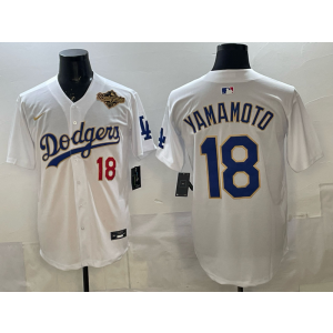 MLB Dodgers 18 Yamamoto White Gold 2025 World Series Nike Cool Base Men Jersey MLB Dodgers 18 Yamamoto White Gold 2025 World Series Nike Cool Base Men Jersey