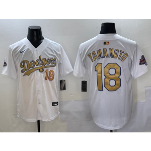 MLB Dodgers 18 Yoshinobu Yamamoto 2025 White Gold Collection Nike Cool Base Men Jersey MLB Dodgers 18 Yoshinobu Yamamoto 2025 White Gold Collection Nike Cool Base Men Jersey