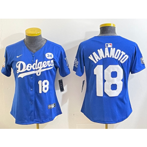 MLB Dodgers 18 Yoshinobu Yamamoto Blue 2024 World Series Nike Cool Base Women Jersey with 34 Patch MLB Dodgers 18 Yoshinobu Yamamoto Blue 2024 World Series Nike Cool Base Women Jersey with 34 Patch