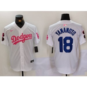 MLB Dodgers 18 Yoshinobu Yamamoto White Pink Nike Cool Base Men Jersey MLB Dodgers 18 Yoshinobu Yamamoto White Pink Nike Cool Base Men Jersey
