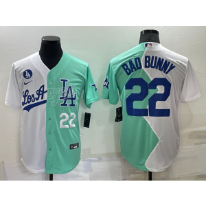 MLB Dodgers 22 Bad Bunny White Green Nike Cool Base Split Men Jersey MLB Dodgers 22 Bad Bunny White Green Nike Cool Base Split Men Jersey
